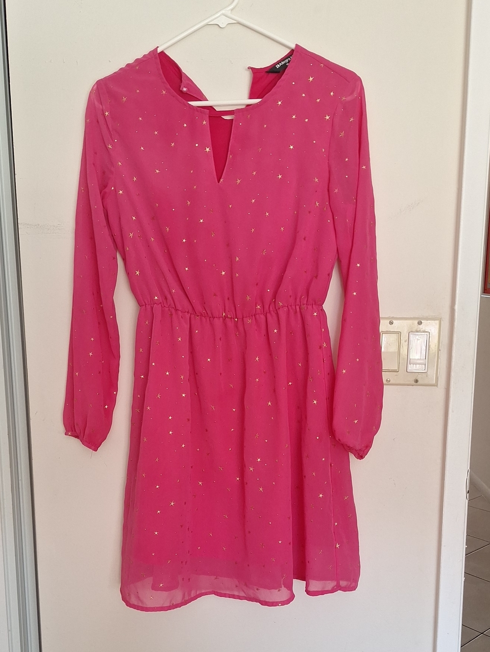 Allegra K Hot Pink Star Print Long-Sleeve Dress With Gold Stars Xs